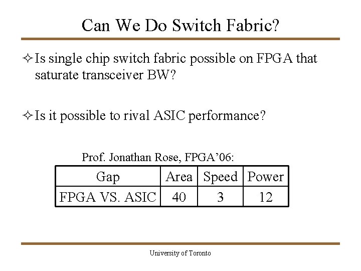 Can We Do Switch Fabric? ² Is single chip switch fabric possible on FPGA