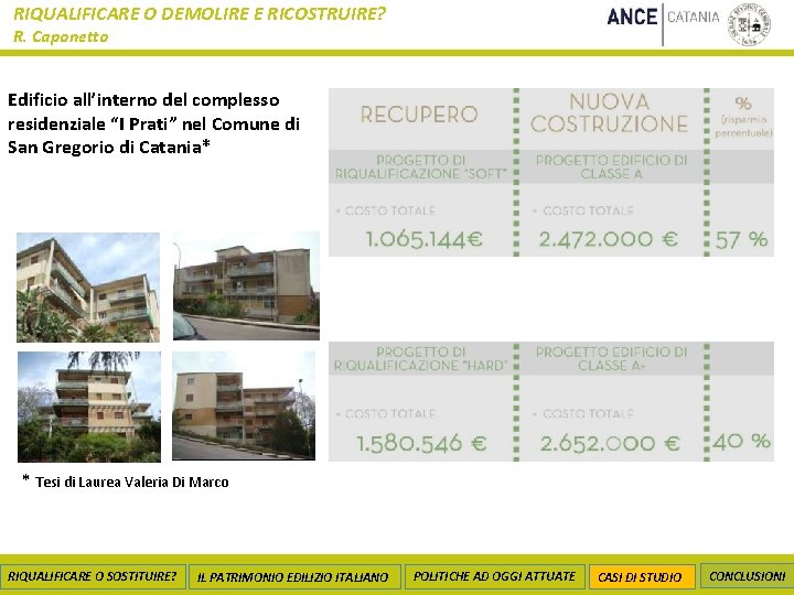 RIQUALIFICARE O DEMOLIRE E RICOSTRUIRE? R. Caponetto Edificio all’interno del complesso residenziale “I Prati”