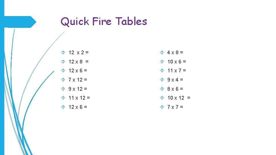 Quick Fire Tables 12 x 2 = 4 x 8= 12 x 8 =