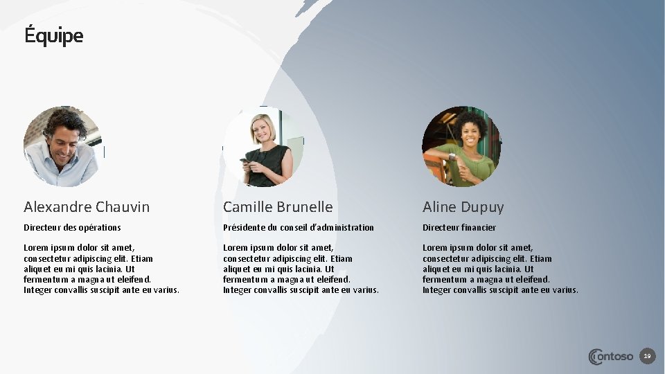 Équipe Alexandre Chauvin Camille Brunelle Aline Dupuy Directeur des opérations Présidente du conseil d’administration