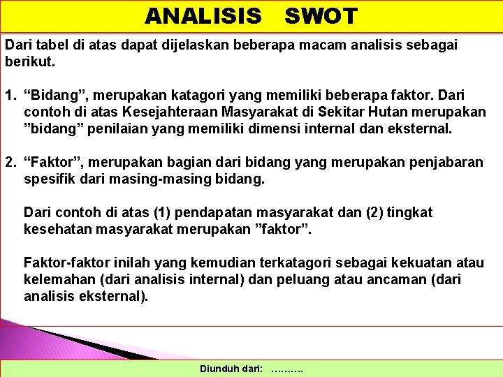 ANALISIS SWOT Dari tabel di atas dapat dijelaskan beberapa macam analisis sebagai berikut. 1.