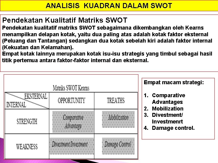 ANALISIS KUADRAN DALAM SWOT Pendekatan Kualitatif Matriks SWOT Pendekatan kualitatif matriks SWOT sebagaimana dikembangkan
