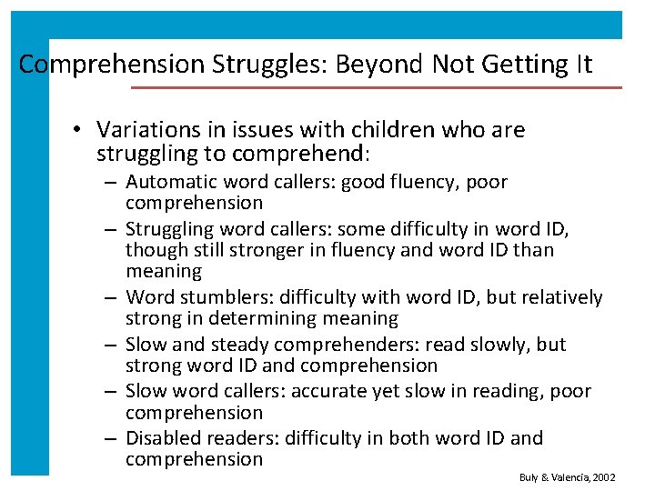 Comprehension Struggles: Beyond Not Getting It • Variations in issues with children who are