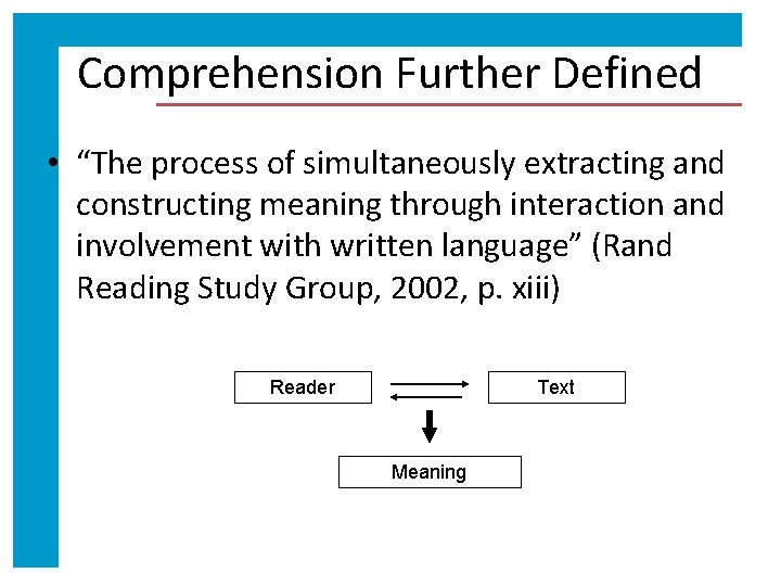 Comprehension Further Defined • “The process of simultaneously extracting and constructing meaning through interaction