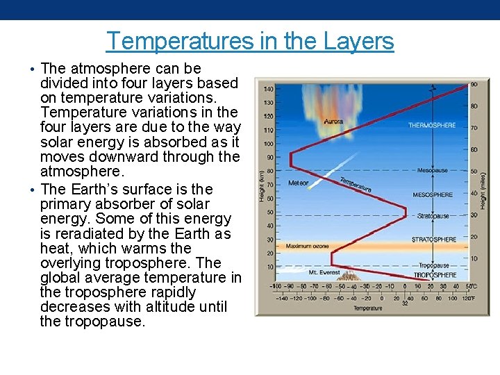 Temperatures in the Layers • The atmosphere can be divided into four layers based