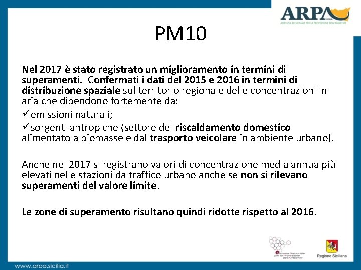 PM 10 Nel 2017 è stato registrato un miglioramento in termini di superamenti. Confermati