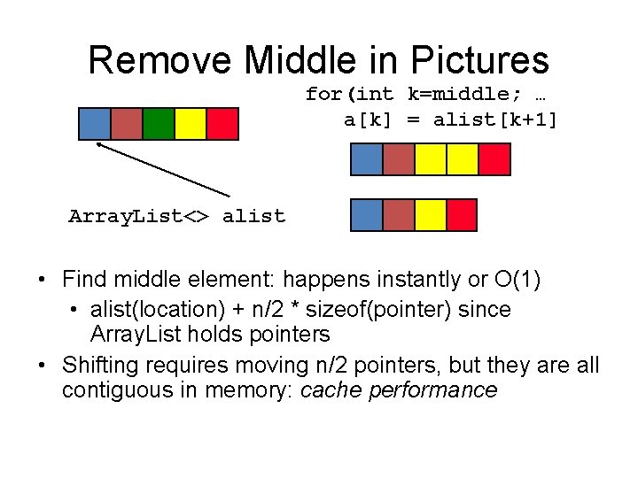 Remove Middle in Pictures for(int k=middle; … a[k] = alist[k+1] Array. List<> alist •