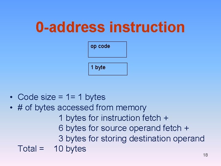 0 -address instruction op code 1 byte • Code size = 1= 1 bytes 0 -address instruction op code 1 byte • Code size = 1= 1 bytes