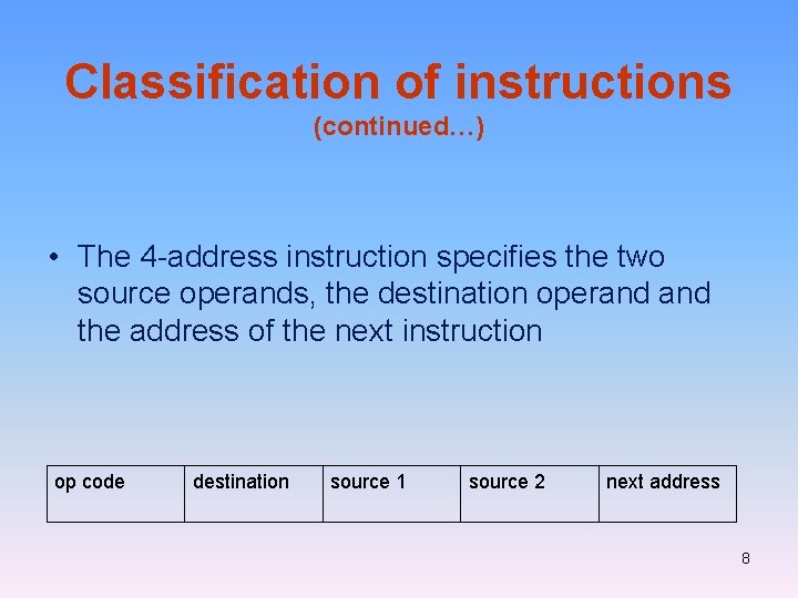Classification of instructions (continued…) • The 4 -address instruction specifies the two source operands, Classification of instructions (continued…) • The 4 -address instruction specifies the two source operands,