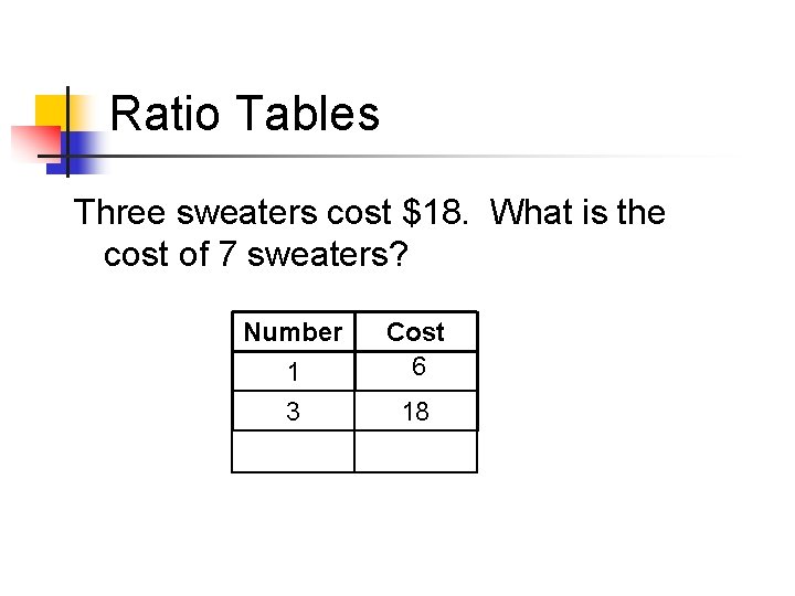Ratio Tables Three sweaters cost $18. What is the cost of 7 sweaters? Number