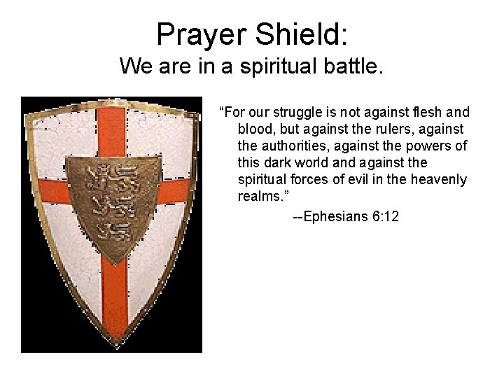 Prayer Shield: We are in a spiritual battle. “For our struggle is not against