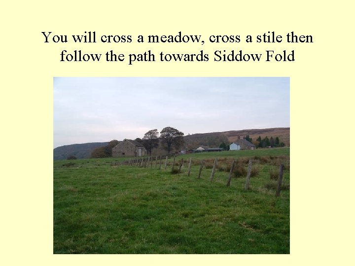 You will cross a meadow, cross a stile then follow the path towards Siddow