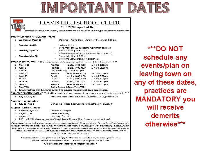 IMPORTANT DATES ***DO NOT schedule any events/plan on leaving town on any of these IMPORTANT DATES ***DO NOT schedule any events/plan on leaving town on any of these