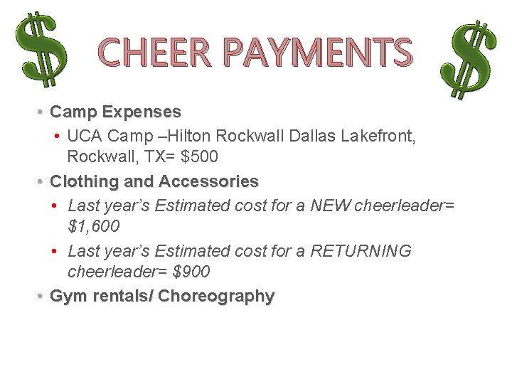 CHEER PAYMENTS • Camp Expenses • UCA Camp –Hilton Rockwall Dallas Lakefront, Rockwall, TX= CHEER PAYMENTS • Camp Expenses • UCA Camp –Hilton Rockwall Dallas Lakefront, Rockwall, TX=