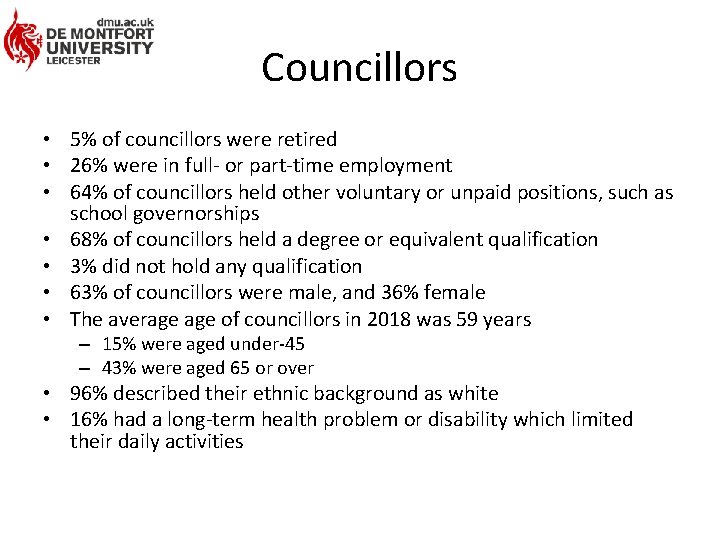 Councillors • 5% of councillors were retired • 26% were in full- or part-time
