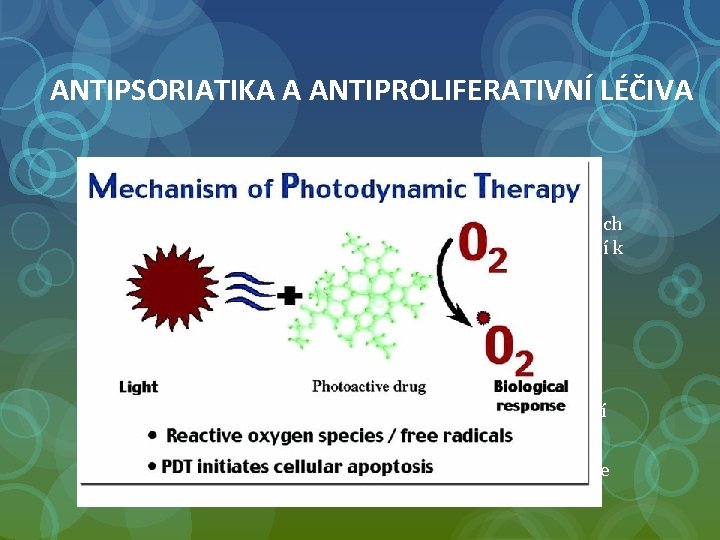 ANTIPSORIATIKA A ANTIPROLIFERATIVNÍ LÉČIVA Fotodynamická terapie MÚ: kumulace fotosenzitivních látek v rychle proliferujících buňkách.