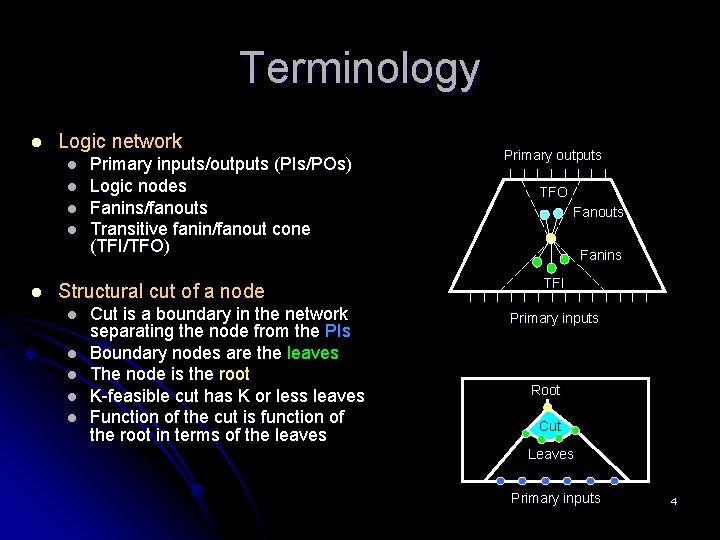 Terminology l Logic network l l l Primary inputs/outputs (PIs/POs) Logic nodes Fanins/fanouts Transitive Terminology l Logic network l l l Primary inputs/outputs (PIs/POs) Logic nodes Fanins/fanouts Transitive