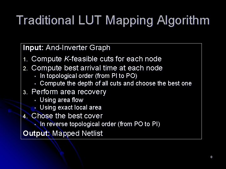Traditional LUT Mapping Algorithm Input: And-Inverter Graph 1. Compute K-feasible cuts for each node Traditional LUT Mapping Algorithm Input: And-Inverter Graph 1. Compute K-feasible cuts for each node