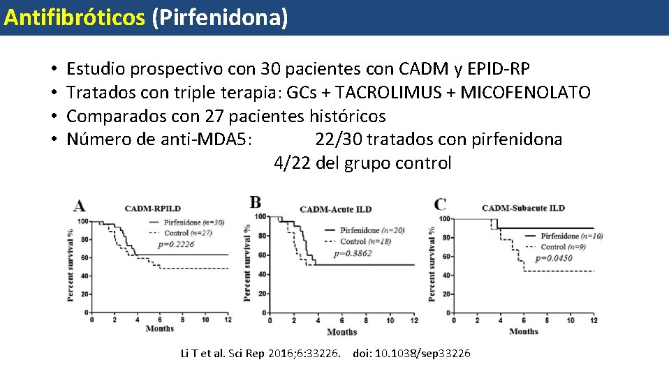 Antifibróticos (Pirfenidona) • • Estudio prospectivo con 30 pacientes con CADM y EPID-RP Tratados