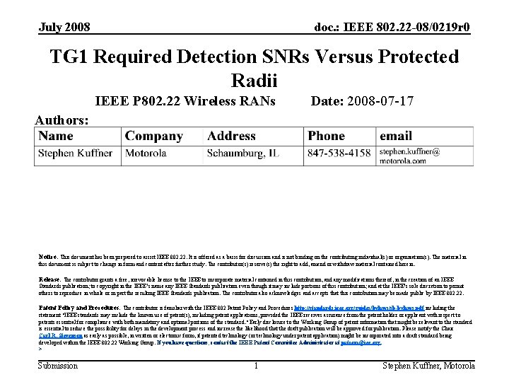 July 2008 doc. : IEEE 802. 22 -08/0219 r 0 TG 1 Required Detection