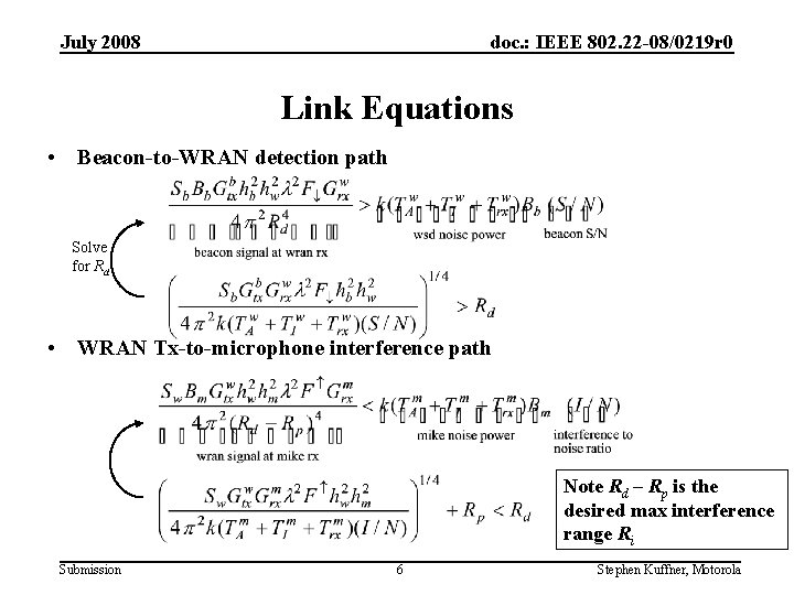 July 2008 doc. : IEEE 802. 22 -08/0219 r 0 Link Equations • Beacon-to-WRAN