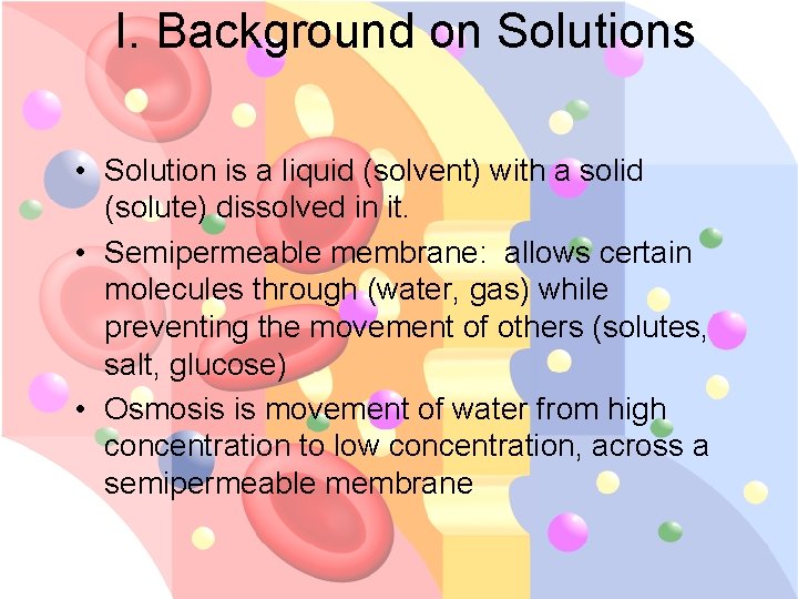 I. Background on Solutions • Solution is a liquid (solvent) with a solid (solute) I. Background on Solutions • Solution is a liquid (solvent) with a solid (solute)