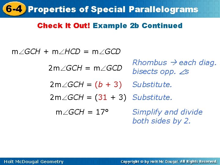 6 -4 Properties of Special Parallelograms Check It Out! Example 2 b Continued m