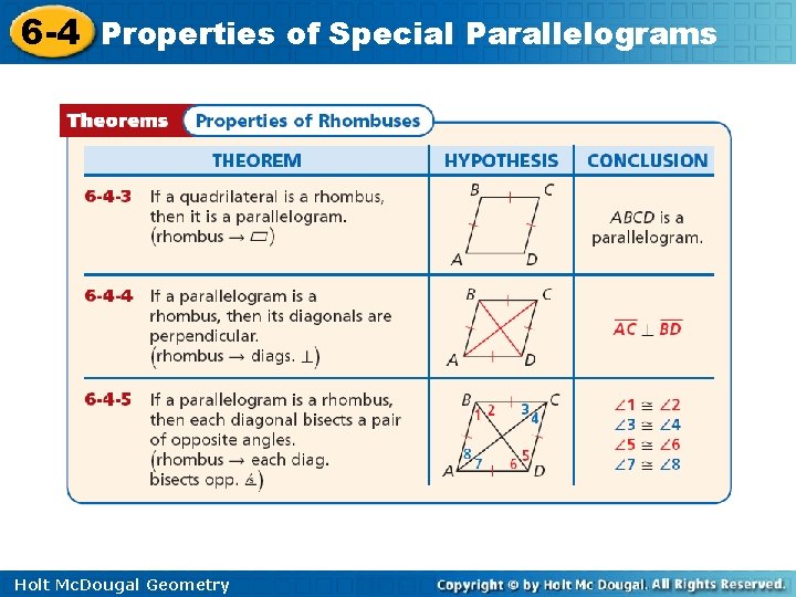 6 -4 Properties of Special Parallelograms Holt Mc. Dougal Geometry 