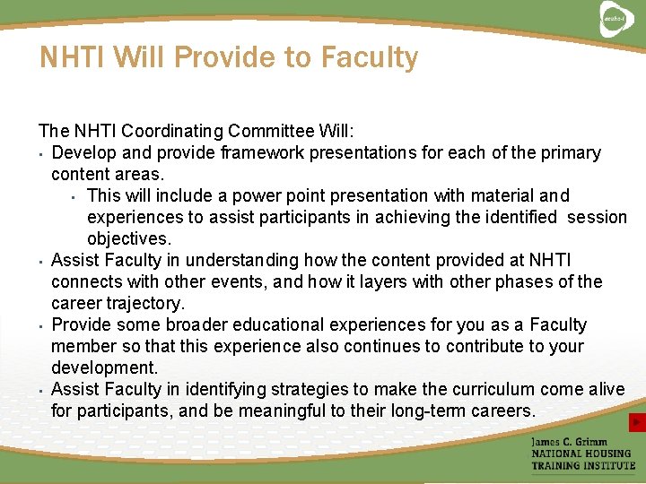 NHTI Will Provide to Faculty The NHTI Coordinating Committee Will: • Develop and provide