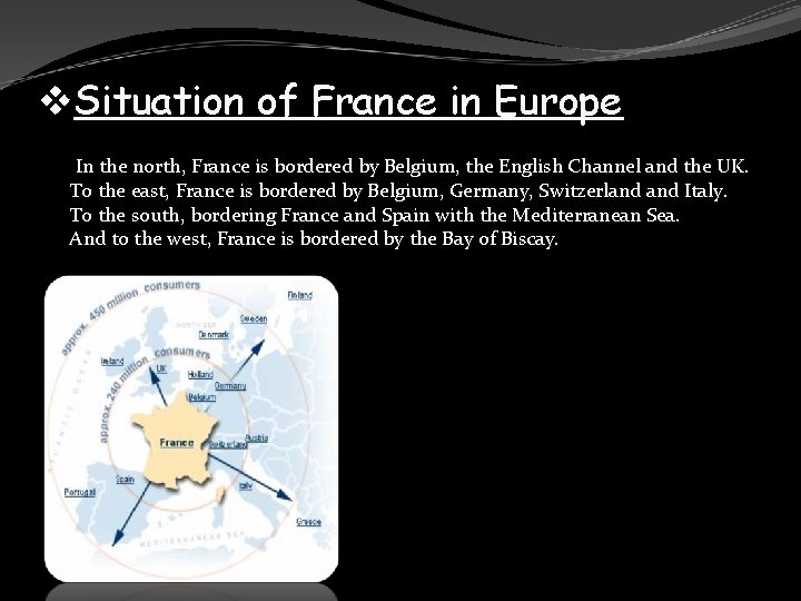 v. Situation of France in Europe In the north, France is bordered by Belgium,