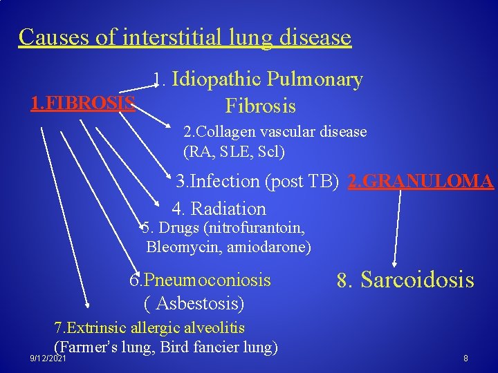 Causes of interstitial lung disease 1. Idiopathic Pulmonary 1. FIBROSIS Fibrosis 2. Collagen vascular