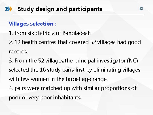 Study design and participants 10 Villages selection : 1. from six districts of Bangladesh