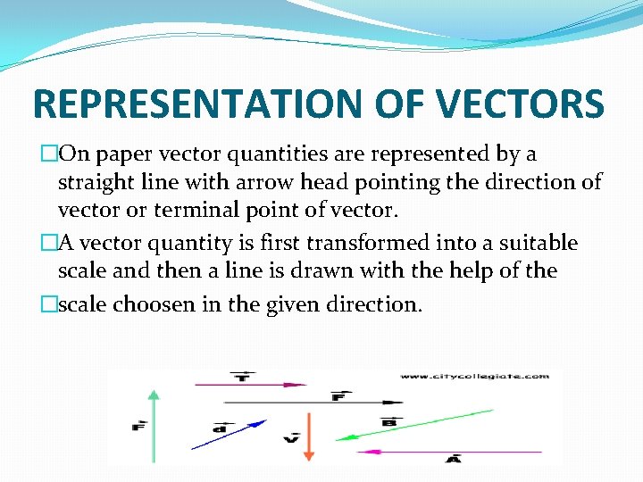 REPRESENTATION OF VECTORS �On paper vector quantities are represented by a straight line with