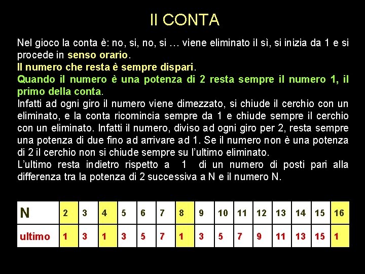 II CONTA Nel gioco la conta è: no, si, no, si … viene eliminato