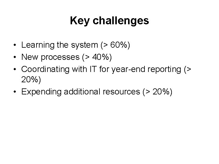 Key challenges • Learning the system (> 60%) • New processes (> 40%) •