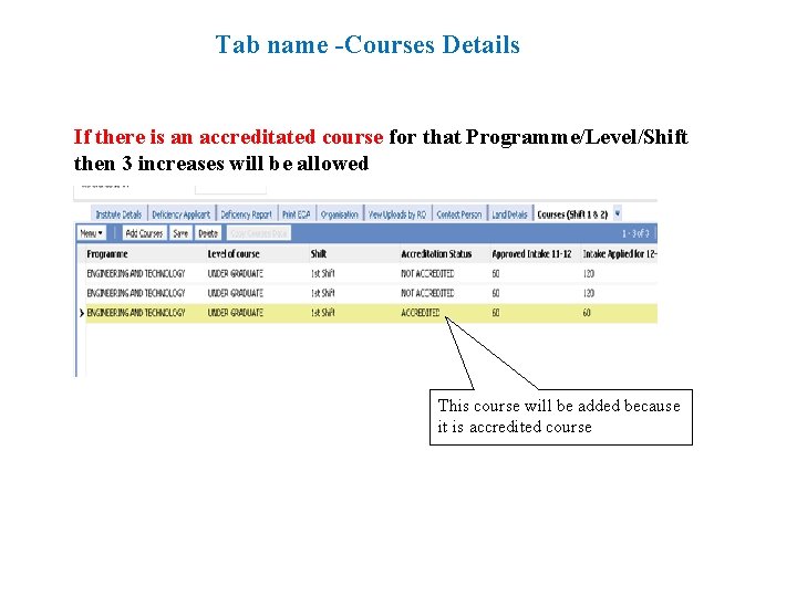 Tab name -Courses Details If there is an accreditated course for that Programme/Level/Shift then