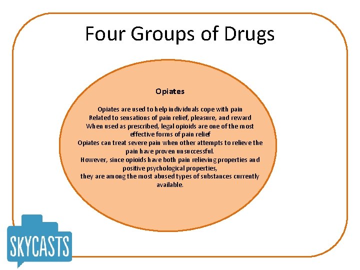 Four Groups of Drugs Opiates are used to help individuals cope with pain Related