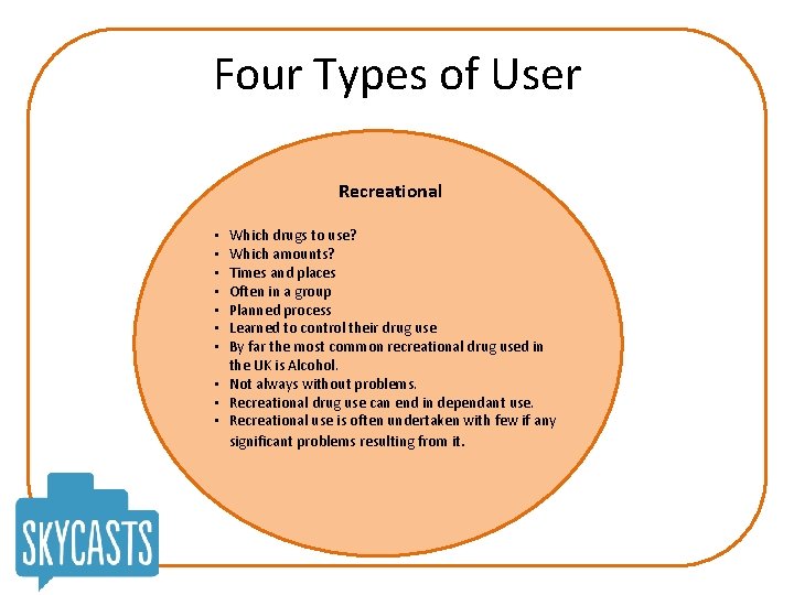 Four Types of User Recreational Which drugs to use? Which amounts? Times and places