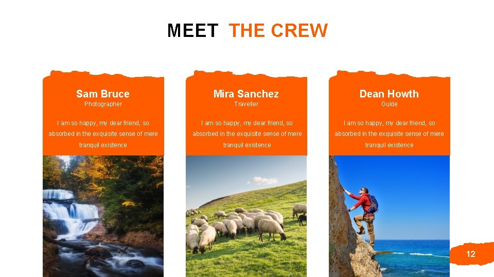 MEET THE CREW Sam Bruce Mira Sanchez Dean Howth Photographer Traveller Guide I am