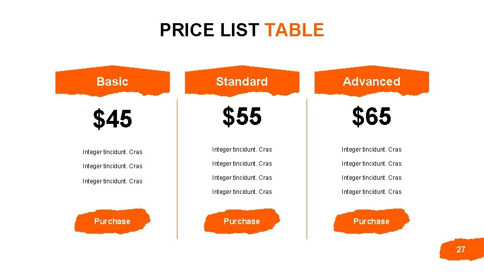 PRICE LIST TABLE Basic Standard Advanced $45 $55 $65 Integer tincidunt. Cras Integer tincidunt.