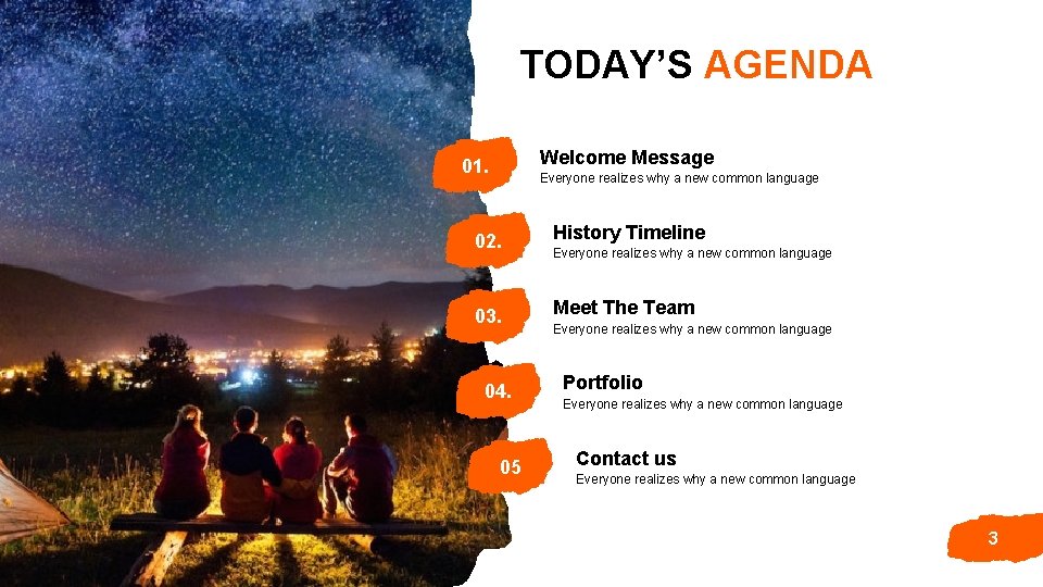 TODAY’S AGENDA Welcome Message 01. Everyone realizes why a new common language 02. History