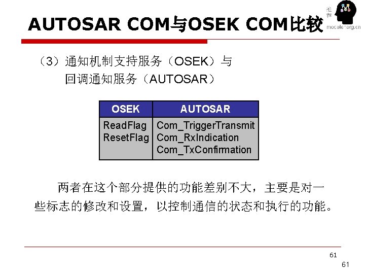 AUTOSAR COM与OSEK COM比较 （3）通知机制支持服务（OSEK）与 回调通知服务（AUTOSAR） OSEK AUTOSAR Read. Flag Com_Trigger. Transmit Reset. Flag Com_Rx.