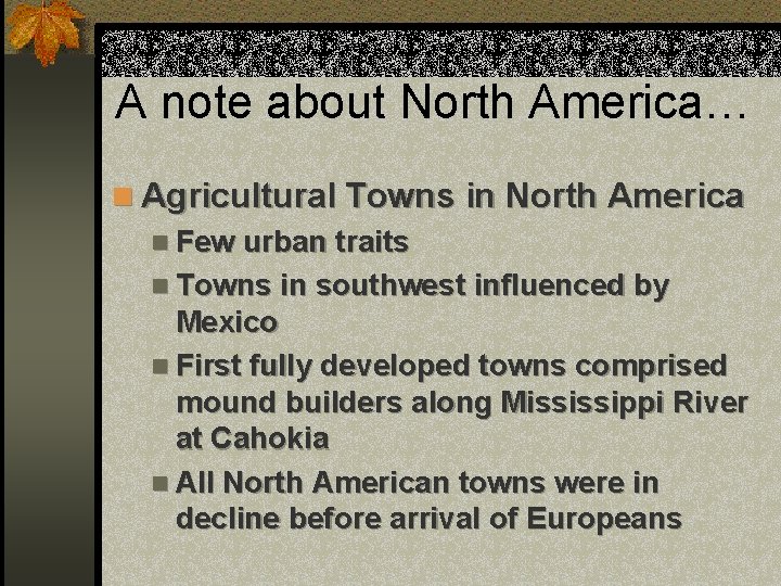 A note about North America… n Agricultural Towns in North America n Few urban