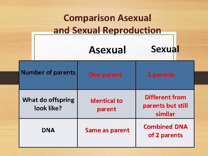 Comparison Asexual and Sexual Reproduction Asexual Sexual Number of parents One parent What do