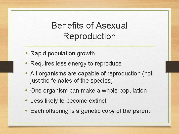Benefits of Asexual Reproduction • Rapid population growth • Requires less energy to reproduce