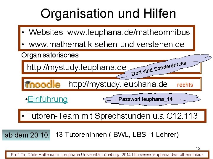 Organisation und Hilfen • Websites www. leuphana. de/matheomnibus • www. mathematik-sehen-und-verstehen. de Organisatorisches http: