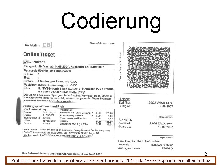 Codierung 2 Prof. Dr. Dörte Haftendorn, Leuphana Universität Lüneburg, 2014 http: //www. leuphana. de/matheomnibus