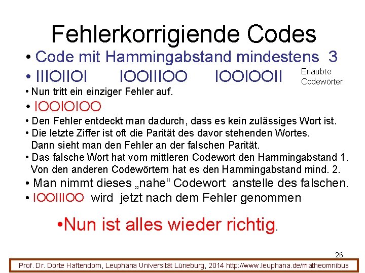 Fehlerkorrigiende Codes • Code mit Hammingabstand mindestens 3 Erlaubte • IIIOIIOI IOOIIIOO IOOIOOII Codewörter