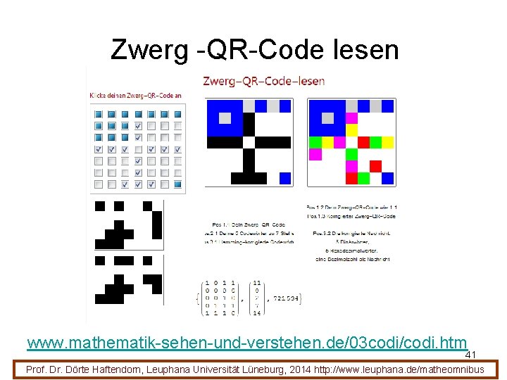 Zwerg -QR-Code lesen www. mathematik-sehen-und-verstehen. de/03 codi/codi. htm 41 Prof. Dr. Dörte Haftendorn, Leuphana