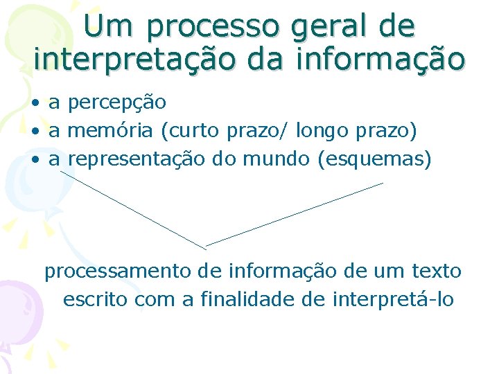 Um processo geral de interpretação da informação • a percepção • a memória (curto